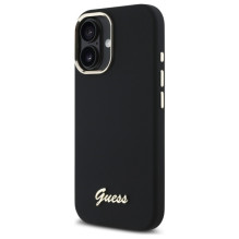 „Guess“ silikoninis metalinis logotipo ir rėmelio dėklas, skirtas iPhone 16 – juodas