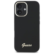 „Guess“ silikoninis metalinis logotipo ir rėmelio dėklas, skirtas iPhone 16 – juodas