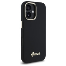 „Guess“ silikoninis metalinis logotipo ir rėmelio dėklas, skirtas iPhone 16 – juodas
