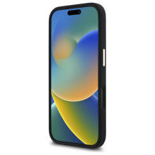 „Guess“ silikoninis metalinis logotipo ir rėmelio dėklas, skirtas iPhone 16 – juodas