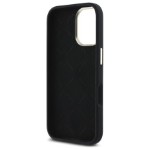 „Guess“ silikoninis metalinis logotipo ir rėmelio dėklas, skirtas iPhone 16 – juodas