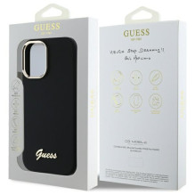 „Guess“ silikoninis metalinis logotipo ir rėmelio dėklas, skirtas iPhone 16 – juodas