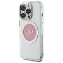 „Guess IML Metal“ spalvotas apskritimas su klasikiniu logotipu, „MagSafe iPhone 16 Pro“ – rožinis