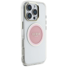 „Guess IML Metal“ spalvotas apskritimas su klasikiniu logotipu, „MagSafe iPhone 16 Pro“ – rožinis