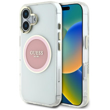 „Guess IML Metal“ spalvotas apskritimas su klasikiniu logotipu, „MagSafe iPhone 16“ dėklas – rožinis