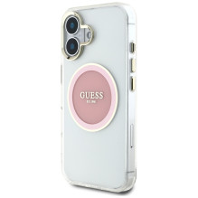 „Guess IML Metal“ spalvotas apskritimas su klasikiniu logotipu, „MagSafe iPhone 16“ dėklas – rožinis
