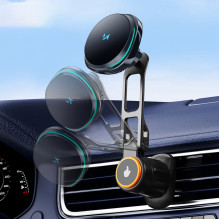 Wozinsky WCT5-6S2Y Car Holder with Qi / MagSafe 15W Wireless Charger and Air Vent Fan - Black