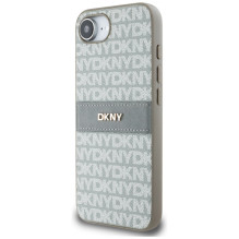 DKNY iPhone 16e dėklas su tekstūros raštu ir toninėmis juostelėmis – smėlio spalvos
