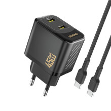 „Dudao A28PCEU PD“ 45 W „GaN 2xUSB-C“ sieninis įkroviklis su USB-C laidu – juodas