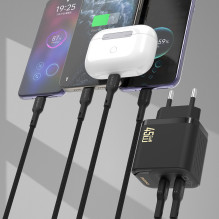 „Dudao A28PCEU PD“ 45 W „GaN 2xUSB-C“ sieninis įkroviklis su USB-C laidu – juodas