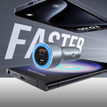 „Dudao R4Ultra“ 120 W greito įkrovimo LED automobilinis įkroviklis su maitinimo šaltiniu, USB-A ir USB-C – pilkas