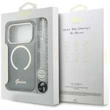 „Guess IML Glitters Script Strap“ „MagSafe“ dėklas, skirtas „iPhone 17 Pro“ – juodas