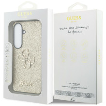 „Guess“ fiksuoto blizgučių dizaino metalinis dėklas „Samsung Galaxy S26“ – auksinis
