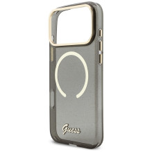„Guess IML Glitters Script Strap MagSafe“ dėklas, skirtas „iPhone 17 Pro Max“ – juodas