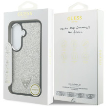 „Guess“ fiksuotas blizgučiais dengtas trikampio formos „MagSafe“ dėklas, skirtas „Samsung Galaxy S26+“ – sidabrinis