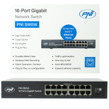 PNI SW016 16 x 10 / 100 / 1000 Mbps komutatoriaus paketas, gigabitas, metalinis korpusas ir 3 m CAT8 pataisa PNI U8030W