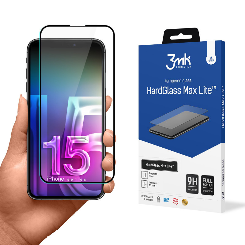 LCD apsauginis stikliukas 3mk Hard Glass Max Lite Apple iPhone 15 Plus juodas