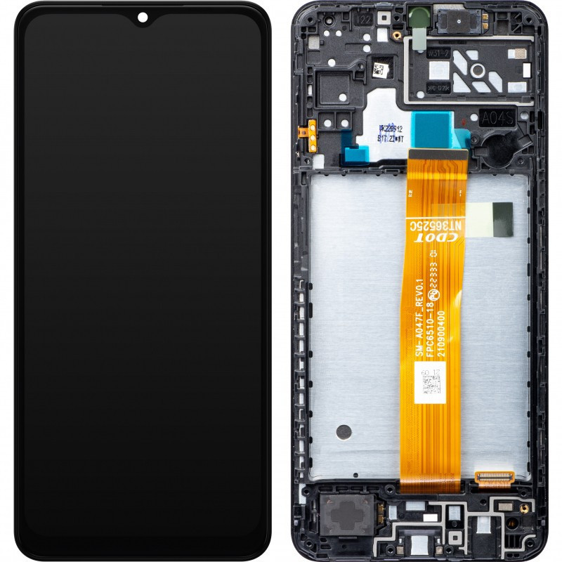 Ekranas Samsung A047 A04s su lietimui jautriu stikliuku ir rėmeliu originalus Black (service pack)