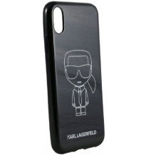 Karl Lagerfeld iPhone XR PC / TPU blizgučiais, baltos spalvos kontūras, juodas Karl Lagerfeld iPhone XR PC / TPU blizgučiais, baltos spalvos kontūras, juodas