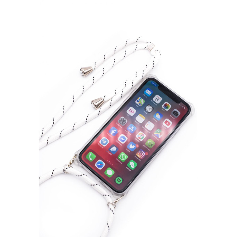 „Evelatus Samsung A10s“ dėklas su virvele, baltomis juostelėmis, permatomas