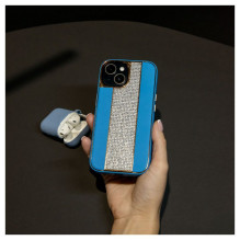 „iLike Apple iPhone 15“ deimantinis ir odinis dėklas, mėlynas „iLike Apple iPhone 15“ deimantinis ir odinis dėklas, mėlynas