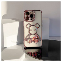iLike Apple iPhone 14 Pro silikoninis dėklas, rožinis, su gobtuvu, „Desire Bear“ drobiniu raštu