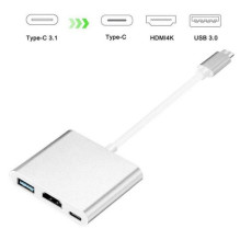 iLike HD1 3in1 USB-C (C tipo) kištukas į HDMI 4K / USB 3.0 / USB-C lizdas, garso ir vaizdo kabelio adapteris, sidabrinis