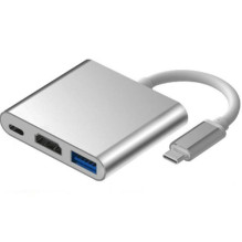 iLike HD1 3in1 USB-C (C tipo) kištukas į HDMI 4K / USB 3.0 / USB-C lizdas, garso ir vaizdo kabelio adapteris, sidabrinis