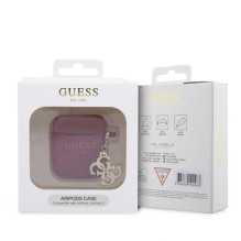 Guess Apple Airpods 1/2 silikoninis dėklas, klasikinis logotipas, auksinis ir rausvai raudonas su 4G pakabuku