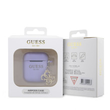 Guess Apple Airpods 1/2 silikoninis dėklas, klasikinis logotipas, auksinis su 4G pakabuku, violetinis
