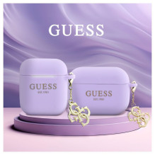 Guess Apple Airpods 1/2 silikoninis dėklas, klasikinis logotipas, auksinis su 4G pakabuku, violetinis