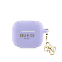 „Guess“ „Airpods 3“ silikoninis dėklas, klasikinis, su auksiniu logotipu ir 4G pakabuku, violetinis „Guess“ „Airpods 3“ silikoninis dėklas, klasikinis, su auksiniu logotipu ir 4G pakabuku, violetinis