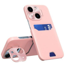 „iLike Apple iPhone 14“ odinis dėklas, kortelių ir piniginės užvalkalas su stovu, rožinis