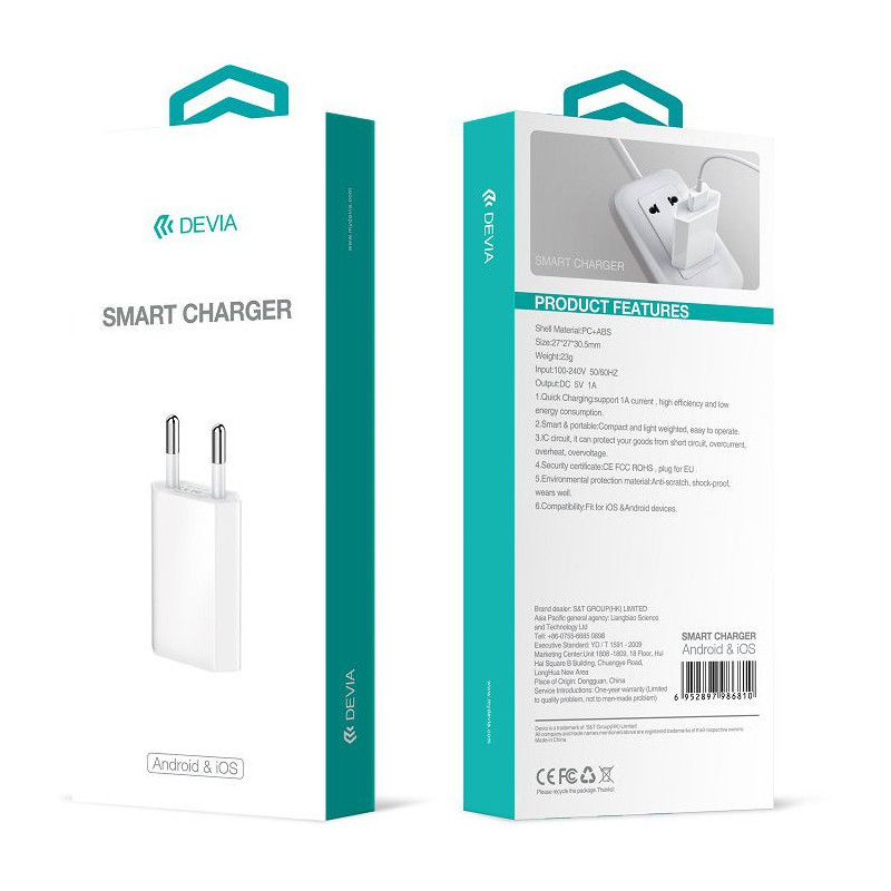 Devia Universal Smart Charger (EU, 10.5W) Juoda