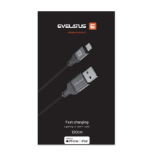 „Evelatus“ USB A–Lightning kabelis, 1,2 m (MFI11CL), aliuminio korpusas, pintas, juodas