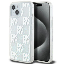 DKNY Apple iPhone 15 dėklas su blizgučiais ir baltu logotipu DKNY Apple iPhone 15 dėklas su blizgučiais ir baltu logotipu