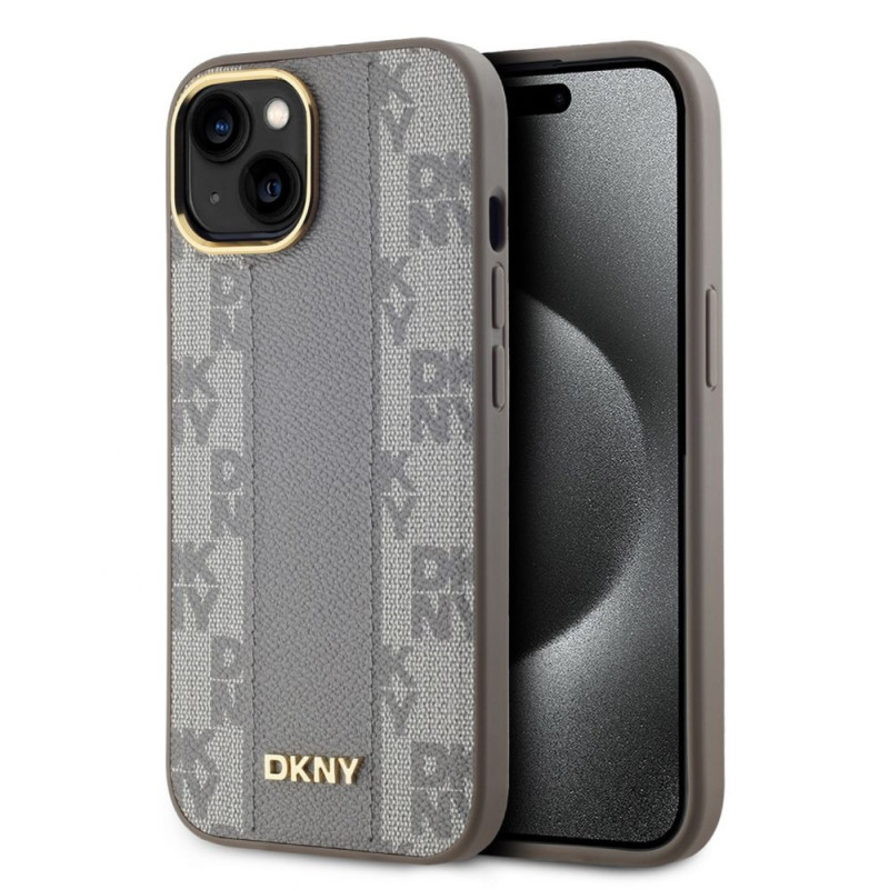 DKNY Apple PU odos languotas Magsafe dėklas iPhone 15, smėlio spalvos