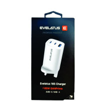 „Evelatus 65W Max“ greitasis įkroviklis, JK, USB-C1 / USB-C1 / USB-A, baltas „Evelatus 65W Max“ greitasis įkroviklis, JK, USB-C1 / USB-C1 / USB-A, baltas