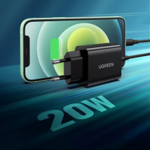 Ugreen USB sieninis įkroviklis, C tipo, 20 W, maitinimo šaltinis, juodas (10191), juodas