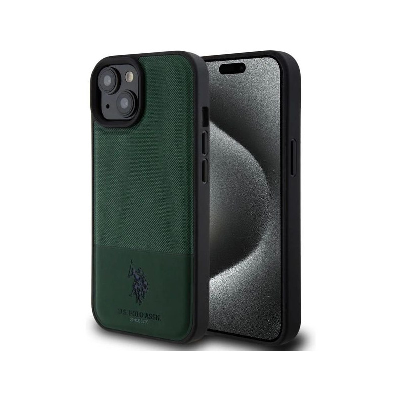 JAV polo PU Apple iPhone 15 odinis tinklelio rašto dvigubas arklio rašto dėklas, žalias