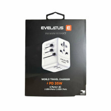 „Evelatus“ 35 W kelioninis adapteris, 1 PD ir 2 C tipo bei 2 USB įkrovikliai, 09051, baltas „Evelatus“ 35 W kelioninis adapteris, 1 PD ir 2 C tipo bei 2 USB įkrovikliai, 09051, baltas