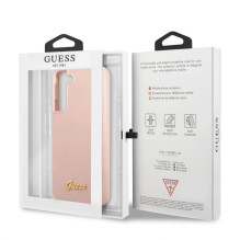 „Guess“ – „Samsung S22 Plus“ silikoninis metalinis dėklas su logotipu, rožinis „Guess“ – „Samsung S22 Plus“ silikoninis metalinis dėklas su logotipu, rožinis