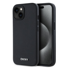 DKNY - DKNY PU Leather Silver Metal Logo Magsafe Case for iPhone 15 Black