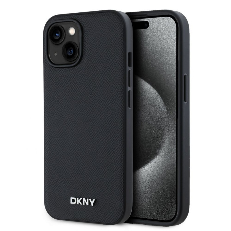 DKNY – DKNY PU odos sidabro spalvos metalinis logotipas su „Magsafe“ dėklu, skirtas iPhone 15, juodas