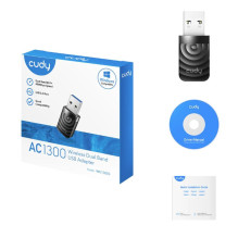 „Cudy WU1300S AirMax AC1300“ dviejų dažnių „WiFi“ USB adapteris, USB 3.0, didelio greičio, didelio stiprinimo, juodas