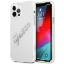 Guess Apple iPhone 12 Pro Max 6.7 kietas dėklas „Vintage Script“ sidabrinis permatomas