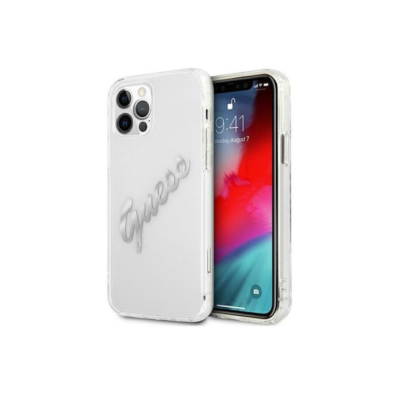 Guess Apple iPhone 12 Pro Max 6.7 kietas dėklas „Vintage Script“ sidabrinis permatomas