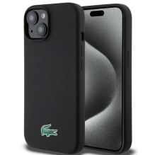 Lacoste Apple iPhone 15 6.1 Liquid Silicone Microfiber Croc Logo Magsafe Back Cover Black