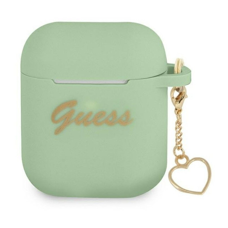 Guess Apple AirPods 1/2 silikoninis dėklas, širdelės formos, žalias