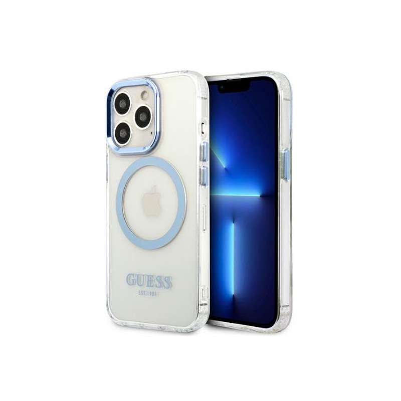 Guess Apple iPhone 13 Pro Max 6.7 kietas dėklas, metalinis, Magsafe skaidrus, mėlynas
